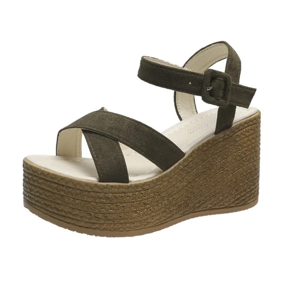 767. CLEARANCE Olive Green Buckle Wedge Platform Heel Shoes - Picture 3 of 3